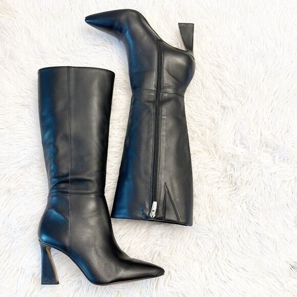 Vince Camuto black tresara faux leather knee high pointed toe heeled boots - Picture 2 of 12